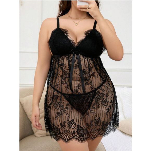 Classic Sexy Plus Eyelash Lace Babydoll With Thong - Picture 2 of 5